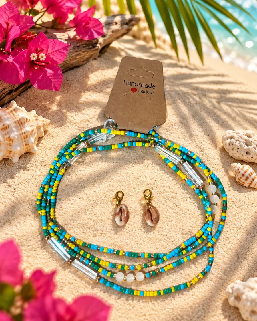 Baya Beach Vibes posée sur le sable, face au lagon des Caraïbes, perles turquoise, vert et jaune