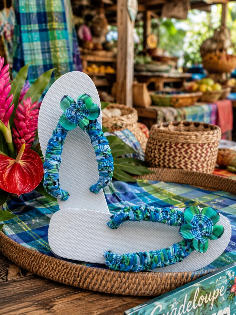 Tongs Madras Lagon, semelle blanche et madras bleu