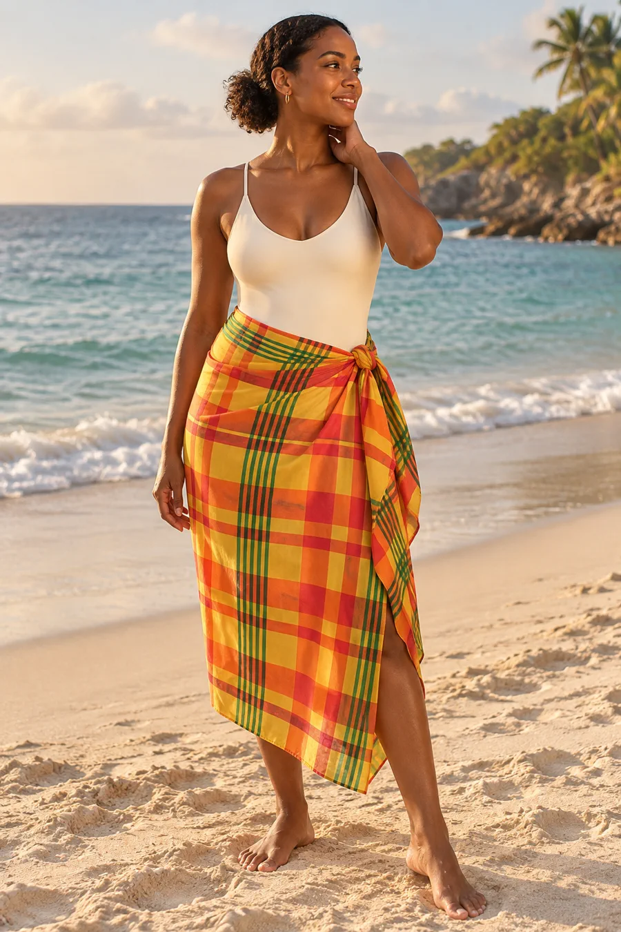 Paréo madras jaune, orange et vert noué à la taille sur un maillot ivoire, sur une plage de Guadeloupe