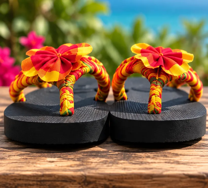 Tongs madras noires faites main, fleur en madras rouge et jaune, face au lagon en Guadeloupe