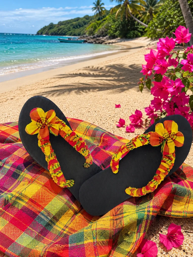 Tongs Madras faites main, nœud et fleur en tissu madras